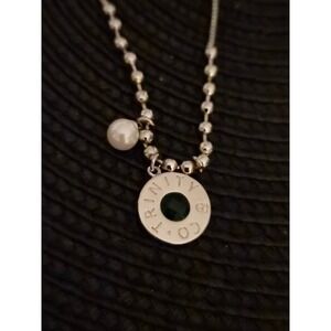 Trinity & Co Silver Tone Green Stone Pearl Bolo Necklace Adjustable Chain